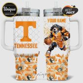 White tumbler with Tennessee 'T', 'Tennessee' text, basketball-playing dog, and 'Your Name' customization.!
