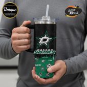 Dallas Stars hockey tumbler with straw and handle, featuring team logo and stick pattern.!