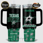 Texas Hockey design on a handled tumbler with a straw, plus Dallas Stars emblems!