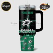Personalized Dallas Stars tumbler with the team logo, name, and hockey sticks on a black and green background.!