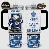 Toronto Maple Leafs tumbler features a personalized name option, fierce bear, and 'Keep Calm and Be-Leaf' text.!