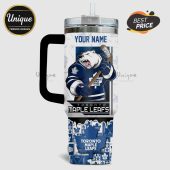 Personalized Toronto Maple Leafs tumbler featuring a polar bear, team logos, and space for a custom name.!