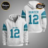 White zip-up hoodie with the Jacksonville Jaguars logo, player name HUNTER, and number 12 in teal!