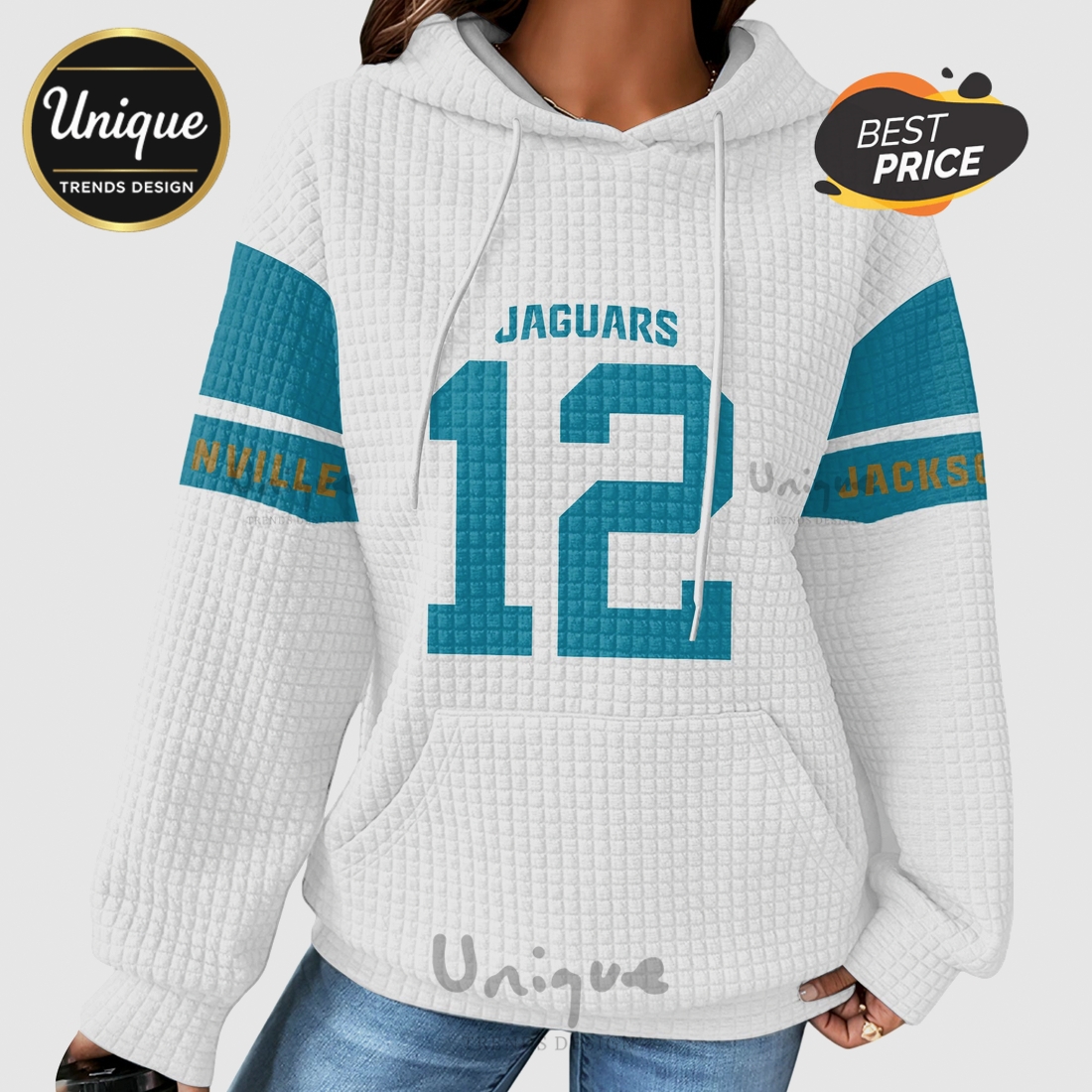 Travis Hunter Jacksonville Jaguars 12 Waffle Knit Hoodie Travis Hunter Jacksonville Jaguars 12 Waffle Knit Hoodie