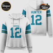 White hoodie with teal accents and number 12, featuring Jaguars text. The back says Hunter and number 12.!