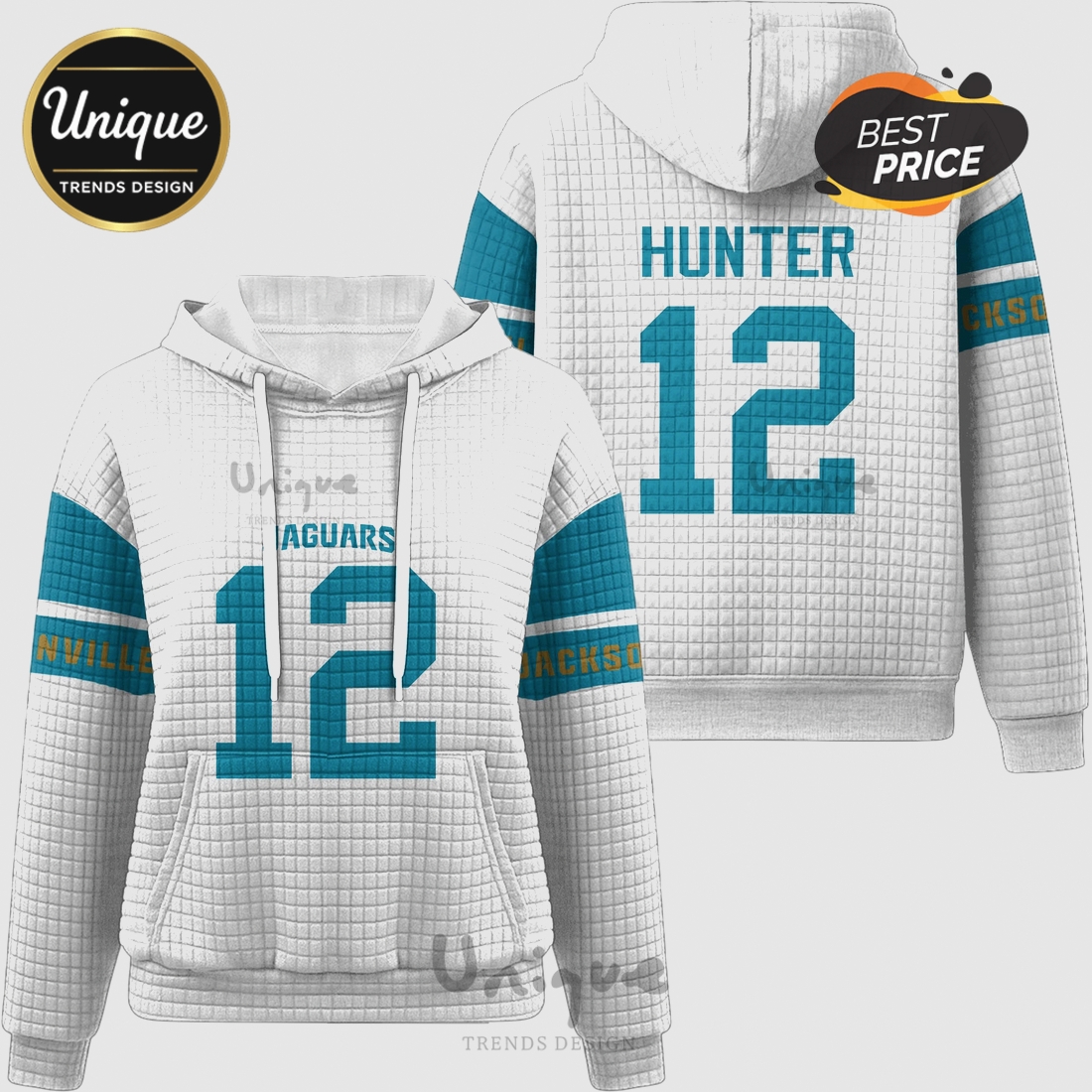 Travis Hunter Jacksonville Jaguars 12 Waffle Knit Hoodie Travis Hunter Jacksonville Jaguars 12 Waffle Knit Hoodie