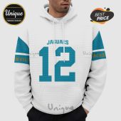 White hoodie with 'Jaguars' and the number 12 in teal, with teal shoulder stripes.!