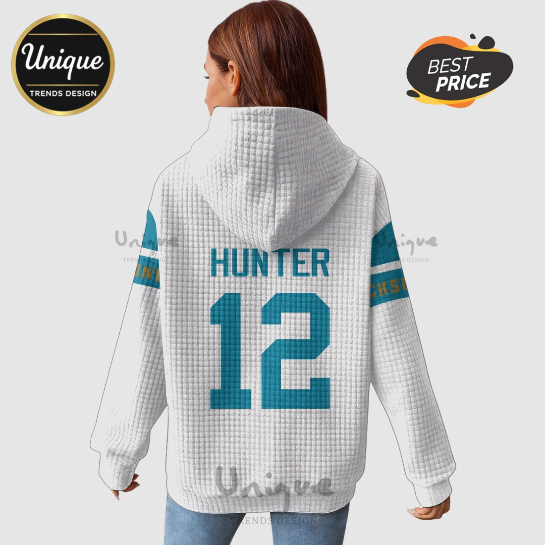 Travis Hunter Jacksonville Jaguars 12 Waffle Knit Hoodie Travis Hunter Jacksonville Jaguars 12 Waffle Knit Hoodie