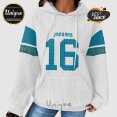 White hoodie with teal Jacksonville Jaguars accents, featuring the number '16'.!