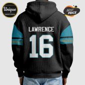 Black hoodie with Lawrence and number 16 on the back, teal sleeves and Jacksonville text.!