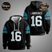 Black hoodie with 'Jaguars' and number '16' on the front, and 'Lawrence' with '16' on the back. Teal accents on sleeves.!