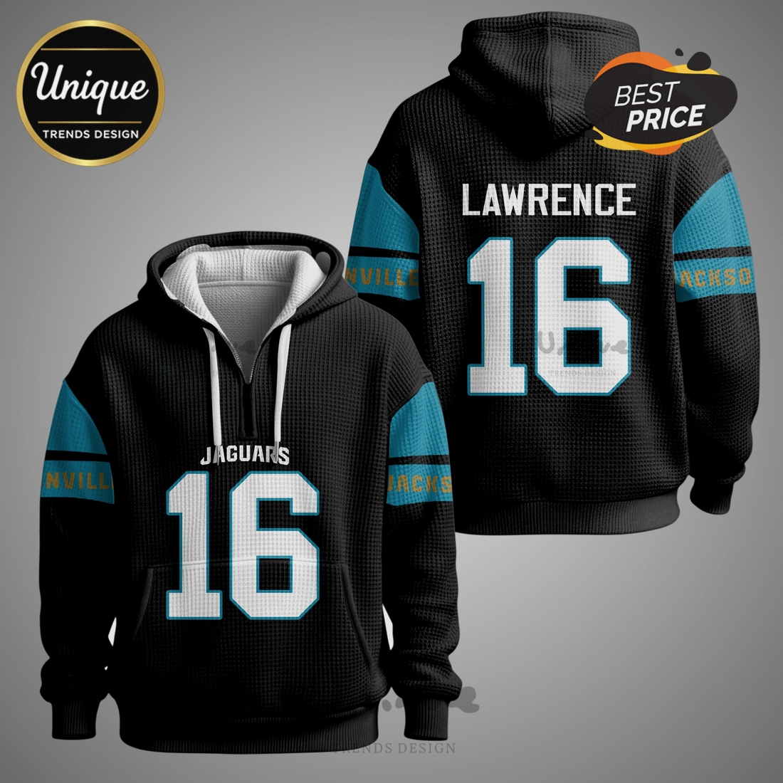 Trevor Lawrence Jacksonville Jaguars 16 NFL Waffle Quarter Zip Hoodie Trevor Lawrence Jacksonville Jaguars 16 NFL Waffle Quarter Zip Hoodie