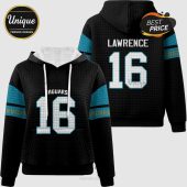 Black hoodie with blue accents. 'Jaguars' and number '16' on the front. 'Lawrence' and '16' on the back.!