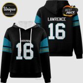 Black hoodie with teal stripes and white '16', reads 'Jaguars' and 'Lawrence'.!