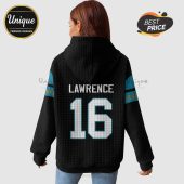 Black hoodie featuring the name LAWRENCE and the number 16 in white, sports-themed font.!