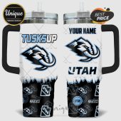 Personalized TUSKSUP and UTAH Hockey themed tumbler with an elephant logo and crossed hockey sticks background.!