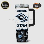 Personalized travel mug with the Utah Hockey Club logo, hockey sticks, and space for your name!