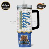 UCLA Champions Made Here travel mug with team logos, bear mascot, and straw.!