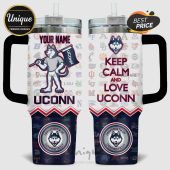 Customizable UCONN tumbler featuring Jonathan the Husky mascot, college logos, and space for your name!