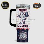 White tumbler with UConn Huskies design, featuring a mascot, school logos, and customizable name option.!