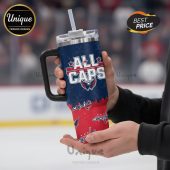 Tumbler features 'ALL CAPS' text with the Washington Capitals logo and hockey stick design.!