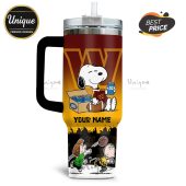 Tumbler featuring Snoopy, Charlie Brown, and the Washington Commanders logo; customizable with your name!