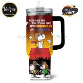 Tumbler with Snoopy design, 'Roses are red, violets are blue, I love Commanders and Bud Light' text.!