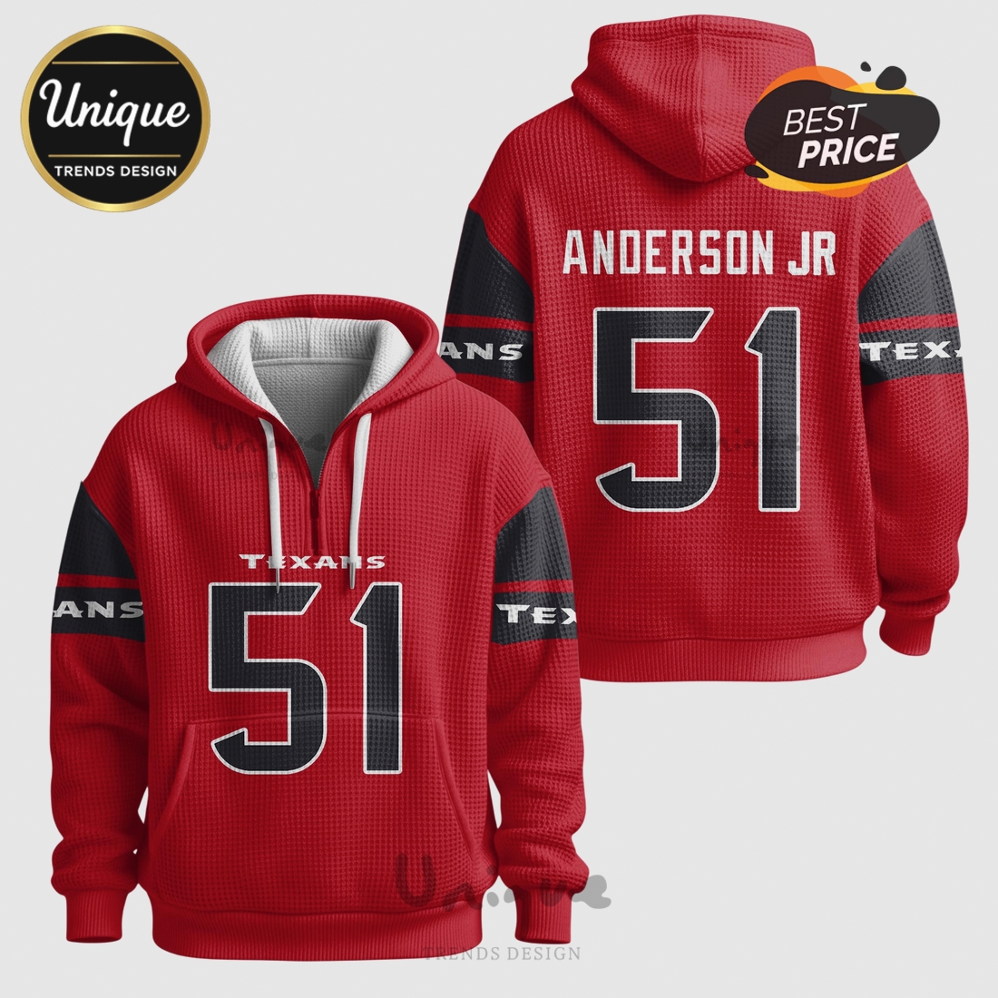 Will Anderson Jr. 51 Houston Texans NFL Player Waffle Quarter Zip Hoodie Will Anderson Jr. 51 Houston Texans NFL Player Waffle Quarter Zip Hoodie