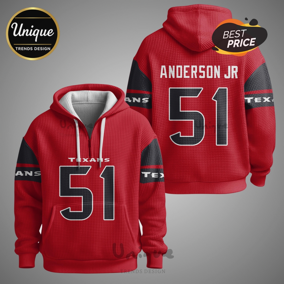 Will Anderson Jr. 51 Houston Texans NFL Player Waffle Quarter Zip Hoodie Will Anderson Jr. 51 Houston Texans NFL Player Waffle Quarter Zip Hoodie