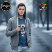 Man holding white mug with 'Fueled by Passion' text, sports logo, and decorative maple leaf pattern.!