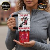 Personalized tumbler with Wisconsin Badgers mascot, college logos, and custom name.!