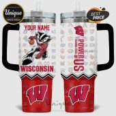 Wisconsin Badgers themed tumbler with customizable name and college logos pattern!
