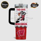 Customizable Wisconsin Badgers tumbler with cartoon badger, college logos, and 'YOUR NAME' text!