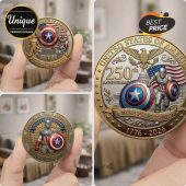 Gold coin featuring Captain America, USA flag, and 250th Anniversary text; patriotic style!