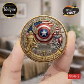 Gold coin with Captain America shield, reads 'Heroes Through The Centuries, 250 Years Of Freedom' In red, white, and blue!