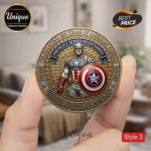 Collectible coin: Captain America, 250 years of American Freedom, red, white, blue, gold. Text: America's Semiquincentennial!