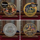 Gold and silver ornate patriotic military challenge coins with 1776-2026, 250 ANNIVERSARY, VETERAN, FREEDOM IS NOT FREE text!