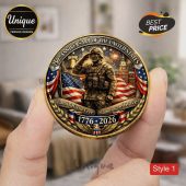 Gold bronze patriotic coin with soldier saluting, US flag,