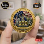 Gold patriotic coin, 250th Anniversary, 1776-2026, UNITED STATES OF AMERICA, 'FREEDOM IS NOT FREE' with soldiers, flag!