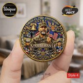 Gold and blue ornate military commemorative coin! Featuring AMERICA'S 250TH ANNIVERSARY VETERAN 1776 2026! Patriot design!