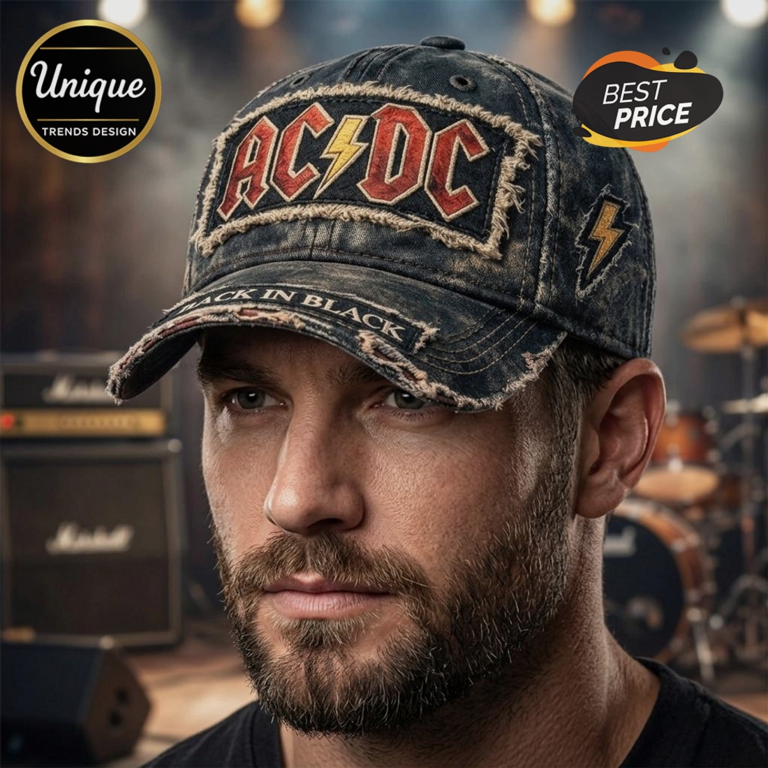 AC DC Back in Black Distressed Rock Band Premium Baseball Cap AC DC Back in Black Distressed Rock Band Premium Baseball Cap