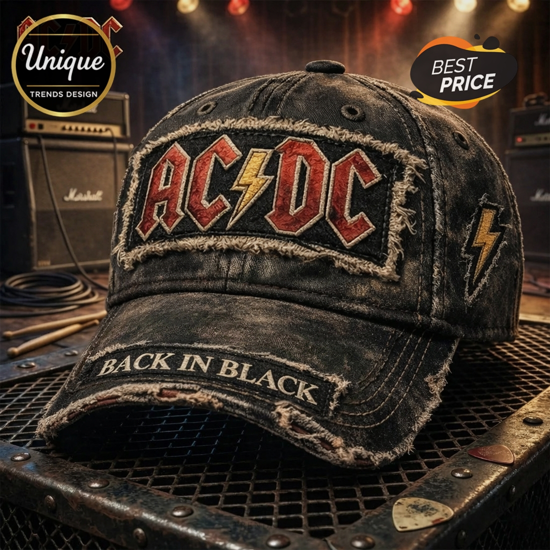 AC DC Back in Black Distressed Rock Band Premium Baseball Cap AC DC Back in Black Distressed Rock Band Premium Baseball Cap