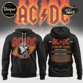 Black AC/DC hoodie, 2026 tour. Back lists concert locations. Red and orange vintage design.!