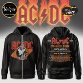 Black AC/DC hoodie with band logo, guitarist pic, tour dates. 'PWR UP TOUR 2026' in red/orange retro font!