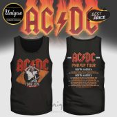 ACDC PWR UP TOUR 2026 tank top, black. Red and orange rock band logo. Tour dates and locations on the back!