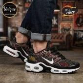 Black AC/DC custom sneakers! White swoosh, red AC/DC text, lightning design. Rock vibe shoes!