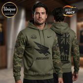 Olive drab hoodie with camouflage sleeves, featuring an Adelaide eagle design and Australian flag graphic on the back.!
