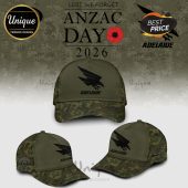 ANZAC Day 2026 hat featuring an eagle, the text 'Adelaide', and camo print on the brim.!