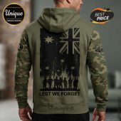 Green army hoodie with Australian flag, soldiers, stars graphic, and 