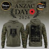 ANZAC Day hoodie: camo sleeves, Australian flag, soldiers. Text: LEST WE FORGET, ANZAC DAY 2026.!